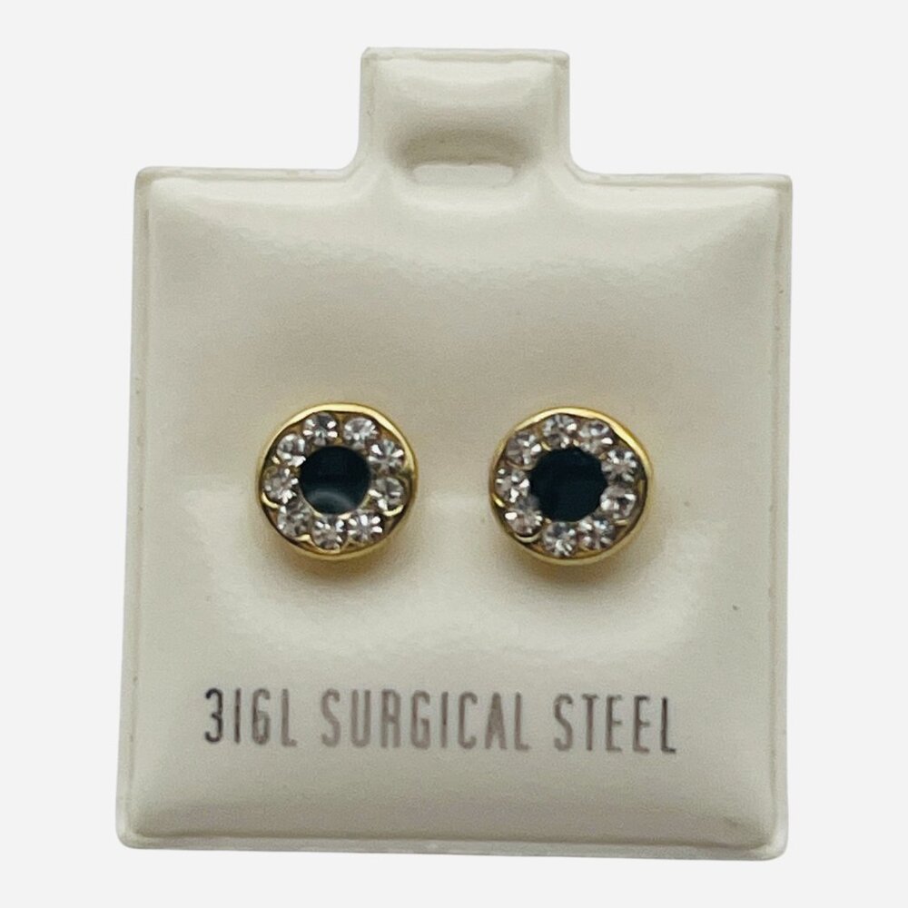 14K Gold Plated Surgical Steel Round Stud Earrings Black Center CZ Halo 6x3mm